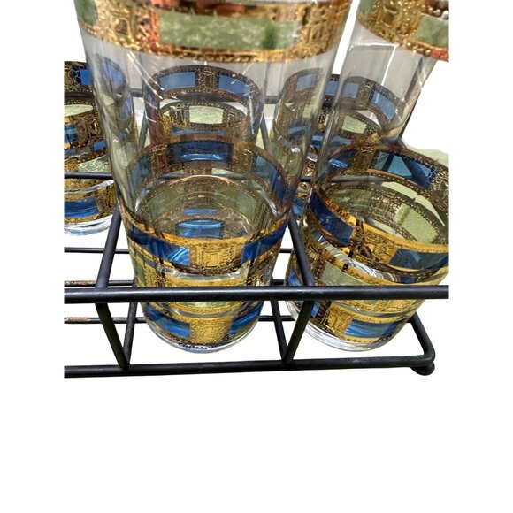 6 MCM Culver Empress Highball Glass Set 22K Gold Trim Caddy Table Top Decor Bar - Picture 7 of 16